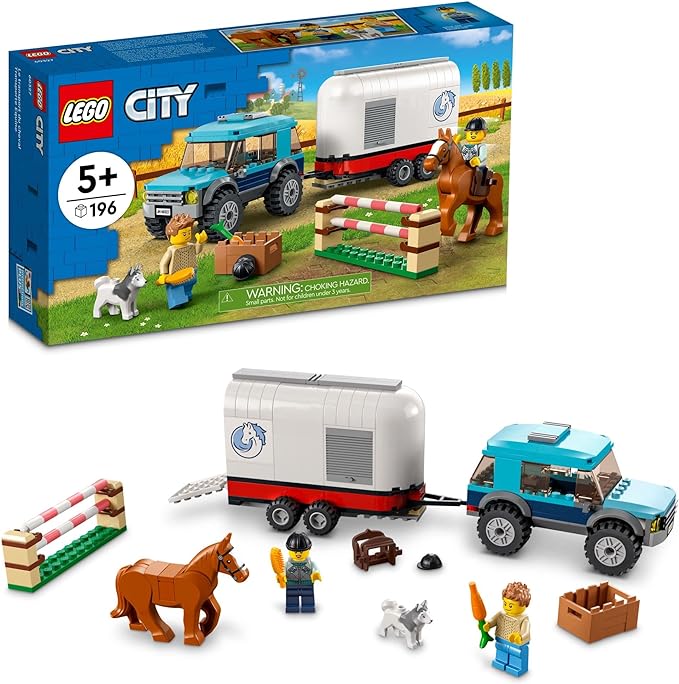 Image of Lego horse, SUV, and trailer